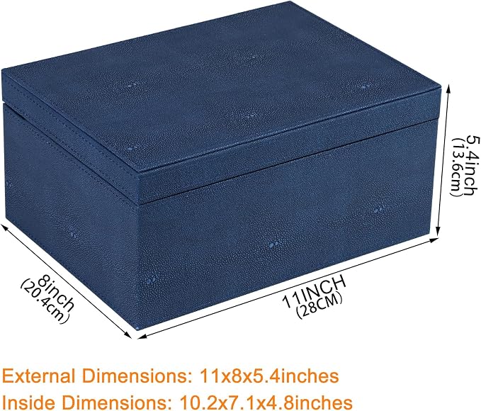 HofferRuffer Faux Leather Decorative Box, Large Wooden Structure Keepsake Box Accessory Organizer Jewelry Organizer with Hinged Lid, Storage Container for Home or Office (NavyBlue Shagreen)