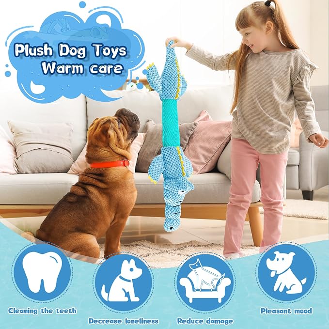 WOWBALA Interactive Tug of War Dog Toys for Small to Large Breeds-Squeaky Plush Puppy Toys with Crinkle Paper, Stuffed Chew Dog Toys to Keep Them Busy, Training Reward Gift (Blue)