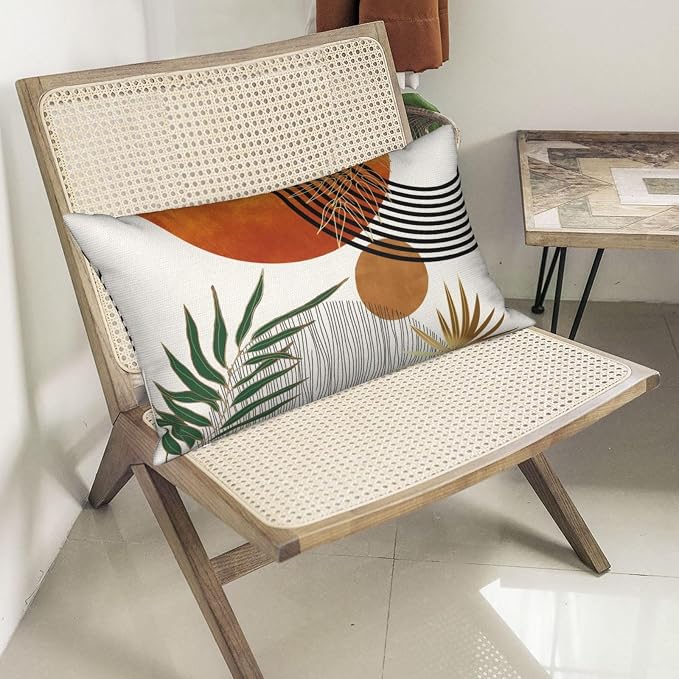 Boho Pillow Covers 12x20 Set of 2 Green Gold Orange Throw Pillows Tropical Leaves Sunset Modern Mid Century Decorative Pillowcase Outdoor Bohemian Linen Cushion Case for Couch Sofa Bed Decor
