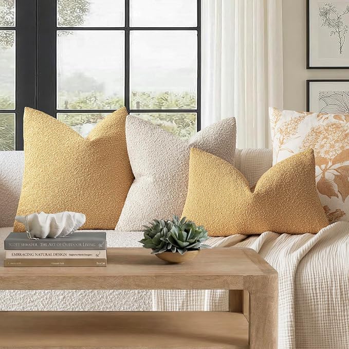 Foindtower Pack of 2 Textured Boucle Throw Pillow Covers Accent Solid Pillow Cases Cozy Soft Decorative Couch Cushion Case for Couch Chair Sofa Bedroom Living Room Home Decor 18x18 Inch Light Yellow