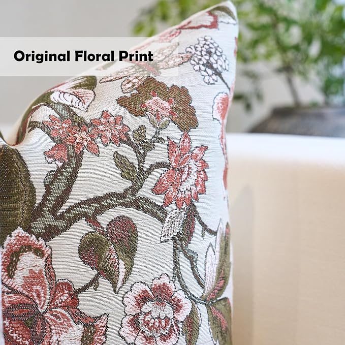 Neutral Floral Pillow Cover 18x18, Vintage Linen Square Pillow Cover Soft Decorative Farmhouse Accent Pillow Cases for Couch Bedroom Living Room Home Decor, Red