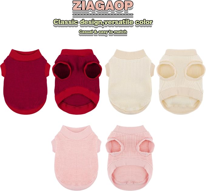 3 Pack Nylon Waffle Dog Shirts for Small Dogs, Lightweight Breathable Pet Sweatshirt, Warm Soft Puppy Clothes Outfit for Indoor Outdoor Dog Cat Apparel.Red Pink Turmeric XXS