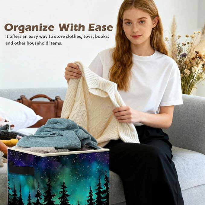Starry Night Forest Storage Box Bins, Galaxy Star Sky Pine Tree Woods Collapsible Storage Basket Organizer for Bedroom Bathroom Home Clothes Books, Decor for Room