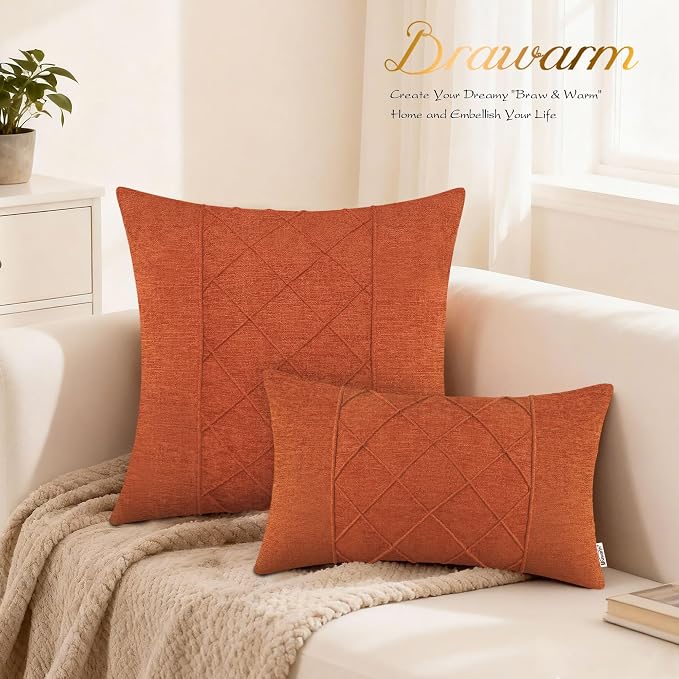 BRAWARM Chenille Throw Pillow Covers 20x20 Inches, Burnt Orange, 2 Pack | Decorative Pleated Pillow Covers, Soft Cushion Cases for Sofa Bed Living Room Home Farmhouse (No Insert)