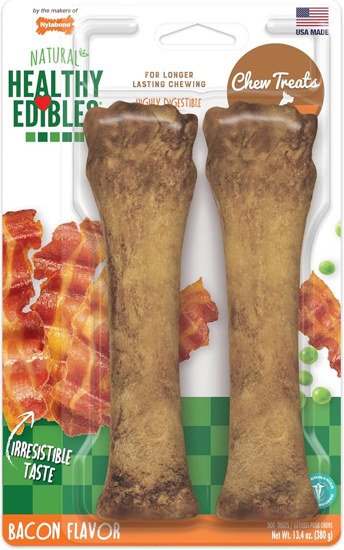 Nylabone Healthy Edibles Dog Treats, Bacon Flavor, X-Large, 2 Count | Natural dog chews, occupying & long lasting dog treats, made in the USA, highly digestible, dog bones for large dogs 50+ lbs