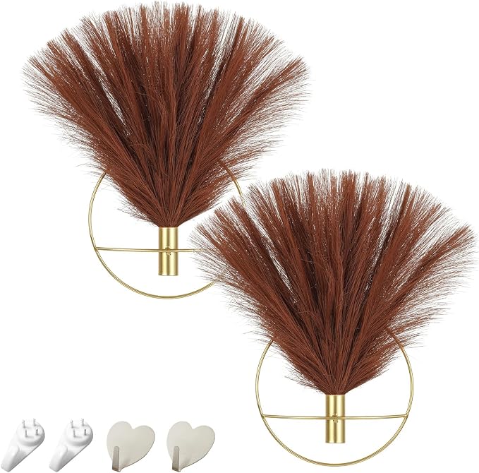 Pretty Jolly Boho Pampas Wall Decor Gold Metal Wall-Mounted Art | Morden Artificial Greenery Display，2 Pack Hanging Planter For Living Room, Bedroom, Bathroom, Dining room