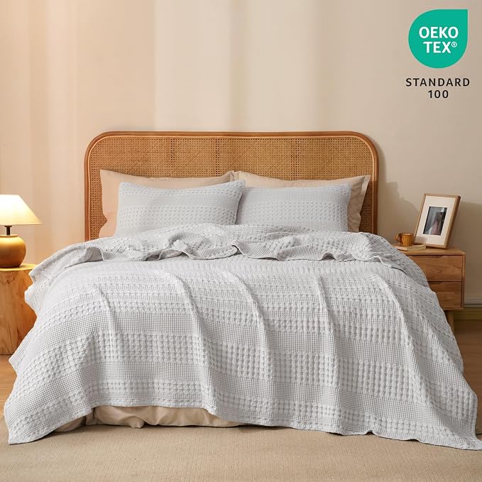 PHF 100% Cotton Waffle Blanket Twin Size, Lightweight Breathable Summer Blanket for Hot Sleepers, Pre-Washed Soft Layer for Bed, Dorm, Couch & Guest Room, Home Decor Gift, 66"x90", Light Grey
