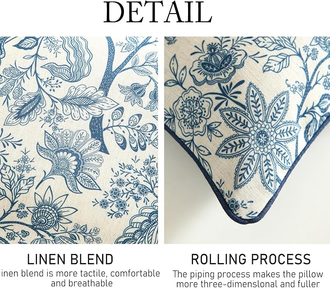 Designer Linen Square Throw Pillow Cover,Set of 2,18"x18"-Ruyi B | Vintage French Elegant Pillow Cover,Concealed Zipper Design,Blue Floral Pattern,Sofa,Bedroom,Living Room,Lounge Chairs
