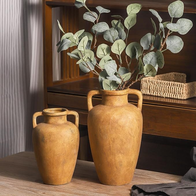 Ceramic Vase with 2 Handles, 11.41 Inch Rustic Farmhouse Vase | Terracotta Wide Mouth Vase Adds Rustic Farmhouse Charm to Living Room, Entryway, Shelf, and Table Decor, Perfect for Weddings
