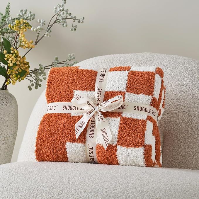 Snuggle Sac Checkered Throw Blanket for Couch, Super Soft, Cozy Warm Knit Blankets, Reversible Plaid Fluffy Throws for Sofa, Bed, Checkered Burnt Orange, 50x60 Inches