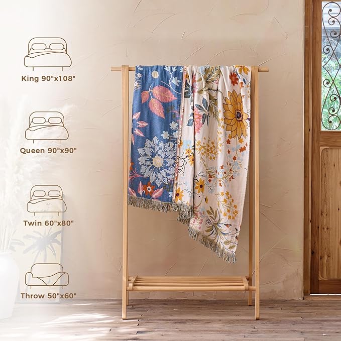 LUTBM Boho Throw Blanket for Bed 60"x80", All Season Cotton Couch Blankets | Reversible Floral Embroidery, Muslin Twin Quilt, For Chair Sofa Bedroom Living Room, Lightweight Breathable Gauze, Home Decor