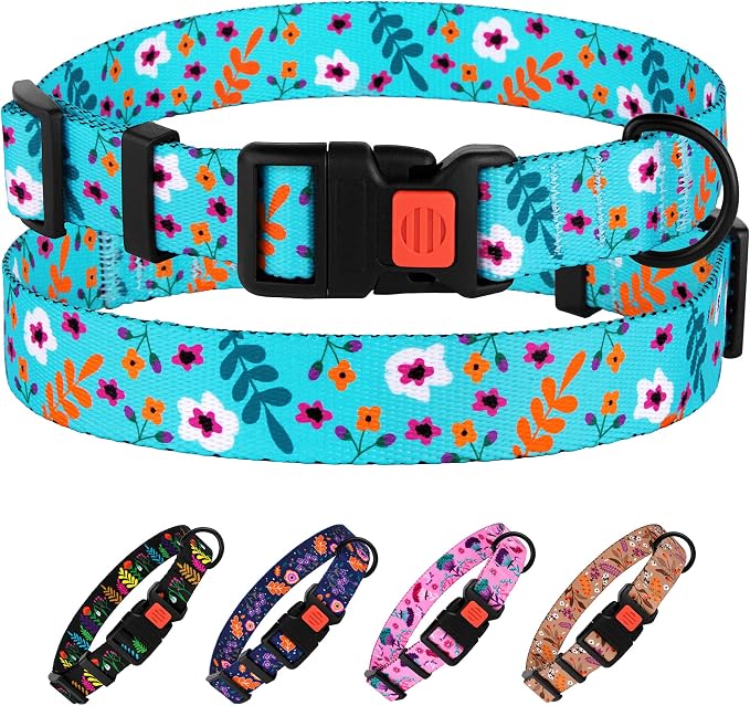 Nylon Dog Collar Floral Pattern Aquamarine 12-16 inch