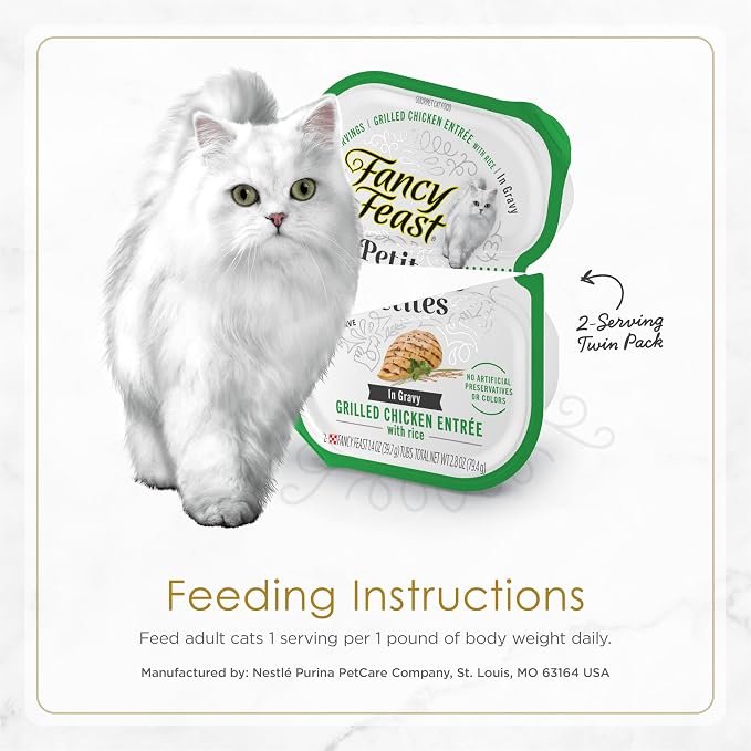 Purina Fancy Feast Petites Gravy Wet Cat Food Variety Pack, 2.8 oz, 24-Pack | 48 single servings made with Chicken or Fish, and no artificial colors or preservatives. Convenient break-apart tubs