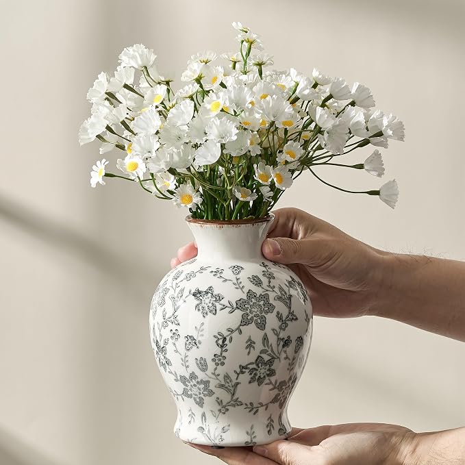 6.73" Ceramic Flower Decorative Antique Vase, Vintage Rustic Chinoiserie Floral Vase for Home Decor, Living Room, Bookshelf, Office, Entryway, Garden, Chinoiserie Decor, Tuscan Decor