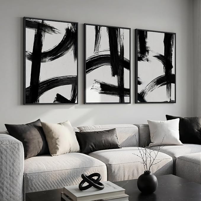 Large Framed Black and White Abstract Wall Art for Living Room, 3 Piece Big Canvas Prints Paintings Artwork for Walls, Modern Minimalist Pictures Wall Decor for Bedroom Office Hallway, 24x36 In