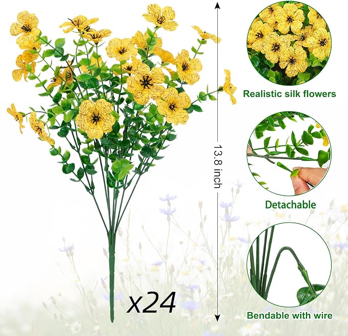 24 Pcs Artificial Flowers for Outdoors Decorations, Yellow | Lifelike silk flowers, UV resistant, faux plastic plants, for garden porch window table vase home indoor outdoor decor
