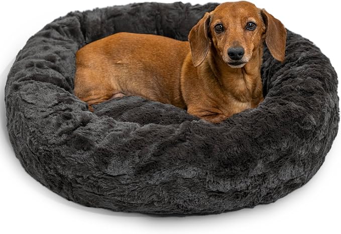 Best Friends by Sheri Original Calming Donut Dog Bed, Mink Dark Gray, 23" | Machine Washable, Lux Faux Fur, Orthopedic Support, Sense of Security, Water-Resistant Base, Small Dogs Up to 25 lbs