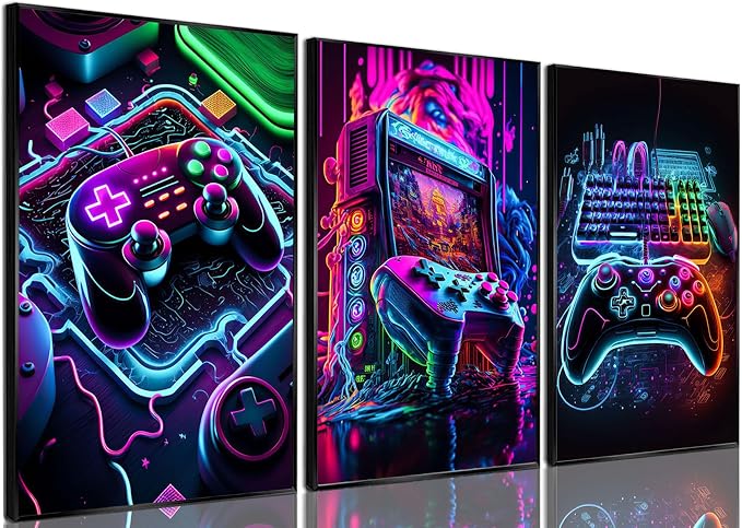 BGFCE Game Room Decor Posters Set of 3 - Neon Gaming Accessories Theme Canvas Wall Art, Gamer Console Paintings Picture Wall Decor for Children Youth Boys Bedroom 16x24 inch Unframed