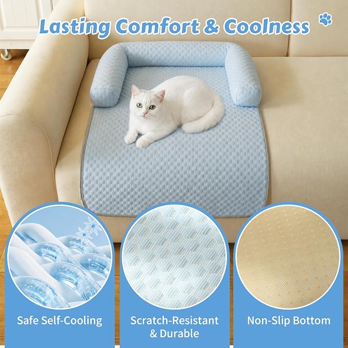 Cooling Pet Bed Mats with Neck & Head Support, 31.5 x 23.62 inch Blue | for Small and Medium Dogs & Cats, Non-Slip, Machine Washable, Protects Sofa from Fur & Scratches