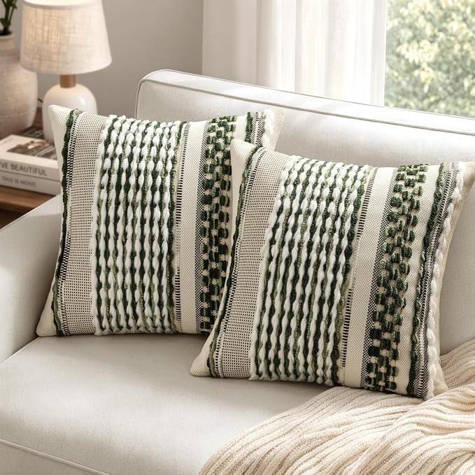 ANRODUO Boho Decorative Pillow Covers Plush Olive Green 18x18 Pack of 2 | Throw Pillow Covers, Soft Plush Tufted Farmhouse Cushion Case, Pillow Covers, Accent Neutral Pillowcase for Sofa Couch Bed