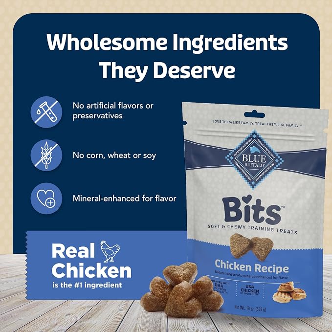 Blue Buffalo Bits Soft Dog Treats for Training, Made with Natural Ingredients & Enhanced with DHA, Chicken Recipe, 19-oz Bag (Pack of 4)