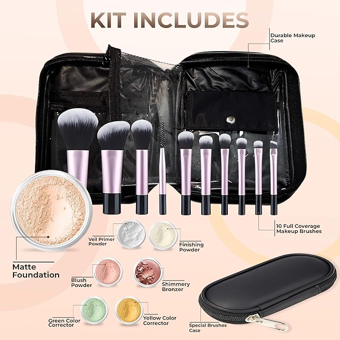 19 pc STARTER KIT w/BRUSHES & CASE (PINK BISQUE) Mineral Makeup Foundation Blush Bronzer Illuminating Veil Set Bare Skin Matte Powder