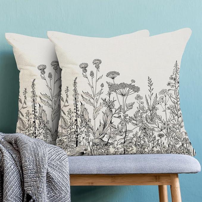 AEIOAE Black White Gray Pillow Covers 16x16 Inch Set of 2, Spring Wildflower Plant Throw Pillows Case,Seasonal Floral Outdoor Decorative Flowers Farmhouse Decor Cushion Covers for Home Sofa Bed Couch