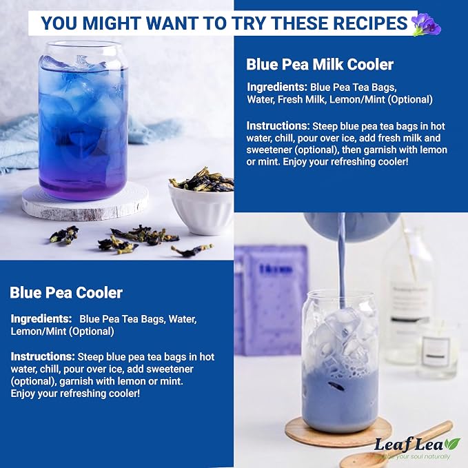 LeafLea 40 Butterfly Pea Flower Tea Bags, Herbal Flower Tea for Relaxation, Mocktails, and Natural Food Coloring, Caffeine-Free, Sugar-Free, Non-GMO
