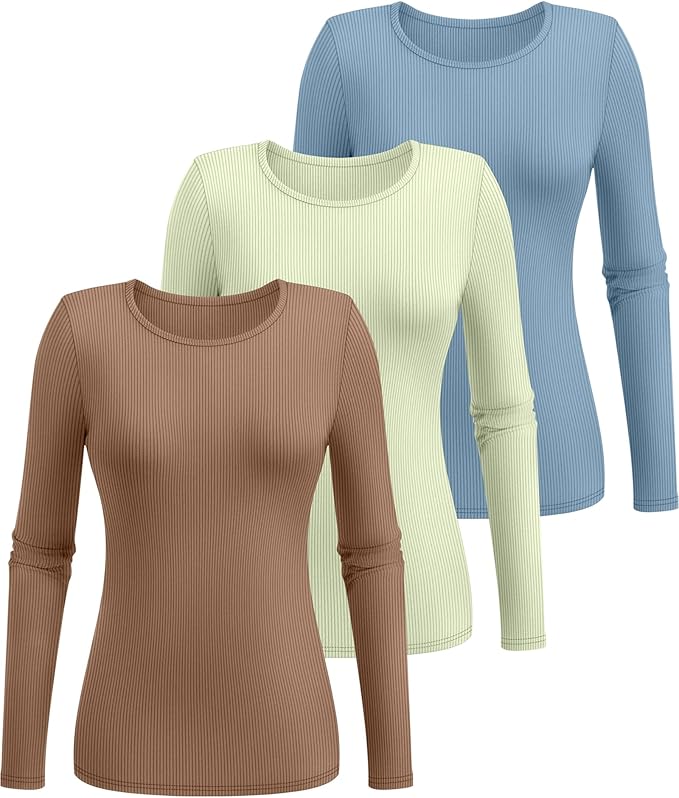 Ficerd 3 Pack Women's Ribbed Long Sleeve Tops, Crew Neck Slim Fit Undershirts Knit Basic Casual Stretch Layering Tee Shirts