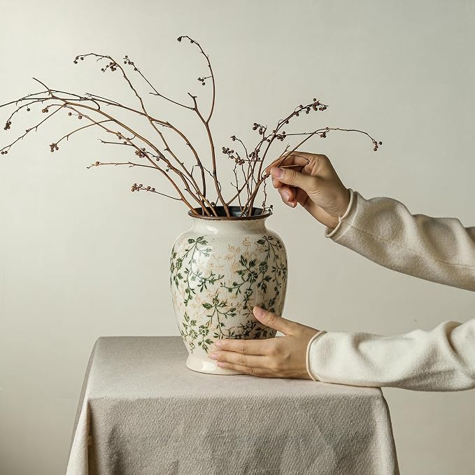 Ceramic Flower Vase for Home Decor, Vintage Green Decorative Vase 8 Inch | Rustic Farmhouse Floral Vase for Wedding Centerpiece, Living Room, Kitchen, Coffee Table, Mantel, Bookshelf, Entryway
