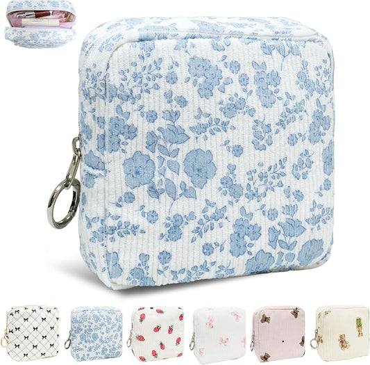 Period Bag for Girls, Corduroy Period Kit with Sanitary Pad Pouch, Menstrual Storage Bag and Tampon Holder for Purse, Girls School Essentials,Feminine Care Organizer(Blue Flower)