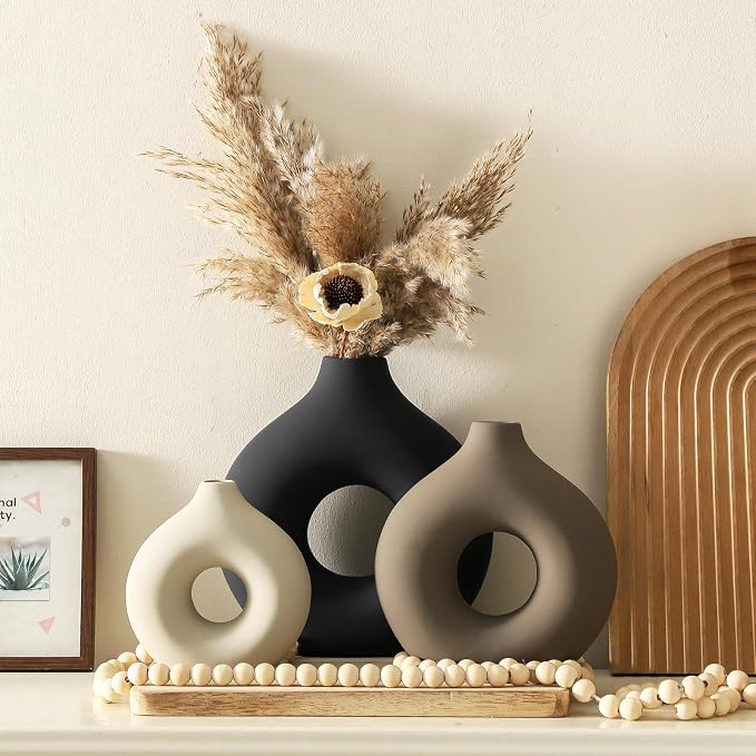 Vanselia Ceramic Vase Home Table Decor - Flower Vases Set of 3 Small Living Room Centerpiece Decorations for Shelf Bedroom Office Kitchen Dining Desk Modern Aesthetic Farmhouse Decorative (Classic)