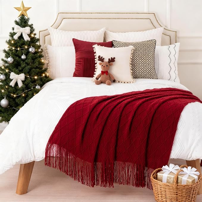 BATTILO HOME Christmas Decor Red Throw Blanket for Couch, Boho Bed Throws for Foot of Bed, Decorative Red Throws for Sofa Living Room, 50"x60" | Boho Throw Blanket for Foot of Bed, Decorative Knit Red Throw for Sofa Living Room