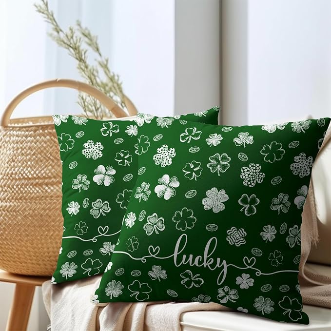 Kawani St Patricks Day Pillow Covers 18x18 Set of 2 Green Lucky Clover Shamrock Leaves Print Throw Pillowcases Cotton Linen Cushion Case for Living Room Couch Sofa Farmhouse Home Decor