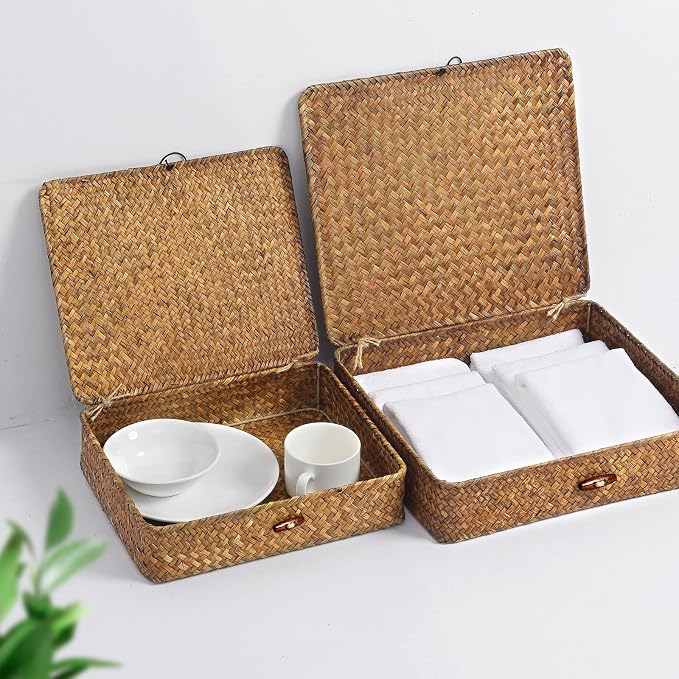Set of 2 Flat Seagrass Storage Bins with Lid Wicker Storage Baskets for Organizing, Woven Shelf Organizer Bins Home Utility Organizer Box for Home & Office Supplies (Caramel)