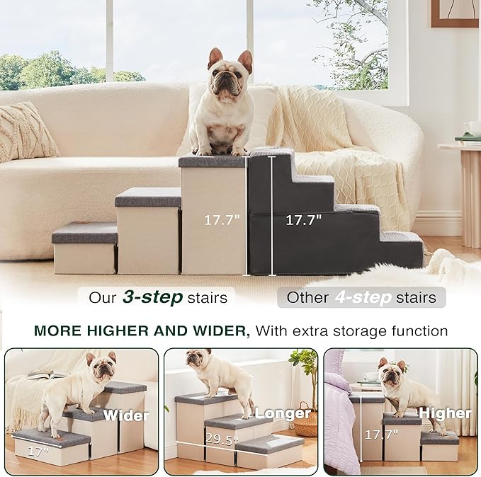 Love's cabin Dog Stairs for High Bed, Foldable Pet Stairs for Small Medium or Large Dogs Puppy with Storage for Bed or Couch, Cat Dog Steps Ramp with Zip up to 200 lbs, Light Grey, 3 Steps