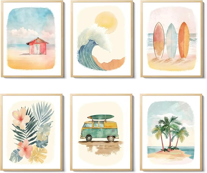 Beach Nursery Poster, Set of 6 Ocean Kids Wall Art Watercolor Summer Surf Wall Decor Beachy Boys Room Decor Funny Teen Coastal Surfboard Canvas Prints Aesthetic Unframed 8x10 inch