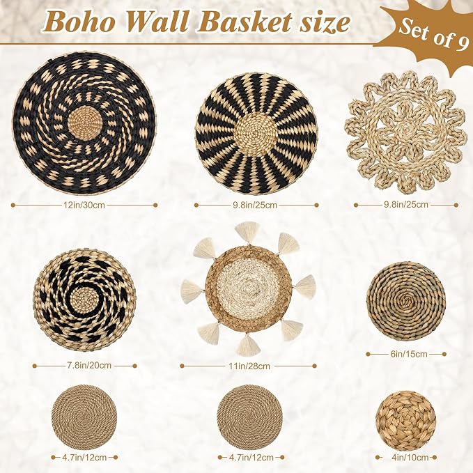 LOMOHOO Set of 9 Boho Wall Basket Decor Wicker Woven Wall Basket Decoration | LOMOHOO Bohemian Handcrafted Round Basket Hanging Decor Bulrush Wall Art Decors for Living Room Rustic Home