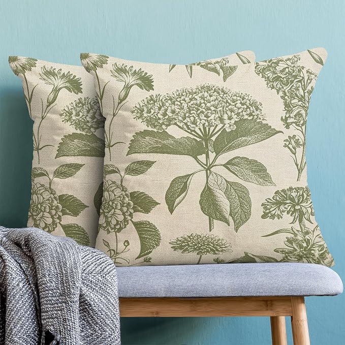 Floral Pillow Covers 18x18 Set of 2 Vintage Sage Green Hydrangea Herbs Botanical Throw Pillow Cover Outdoor Decoration Boho Flower Pillowcase Farmhouse Decorative Cushion Case for Home Sofa