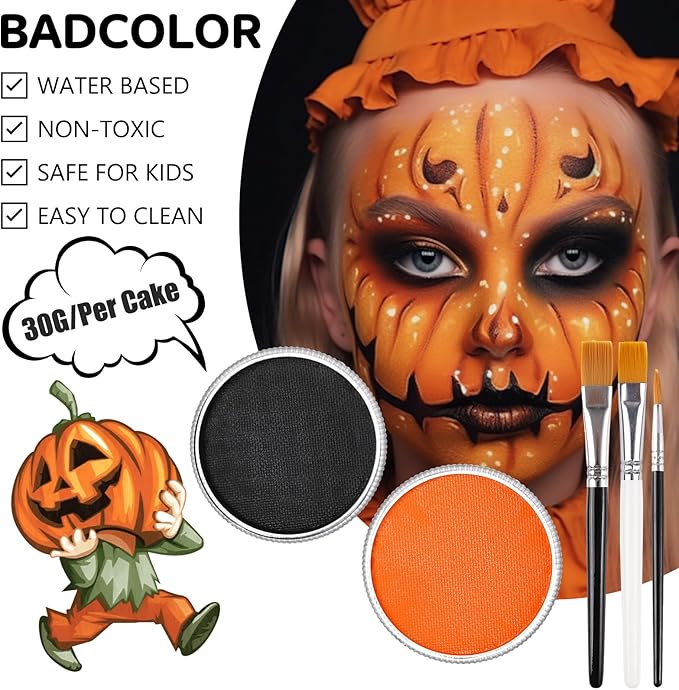 Black Orange Face Body Paint with Brushes for Pumpkin Halloween Makeup, Water Based Face Painting Kit Non-Toxic for Kids Adults Party, Facepaint for Scarecrow Clown Tiger Lion Costume Cosplay Make-Up