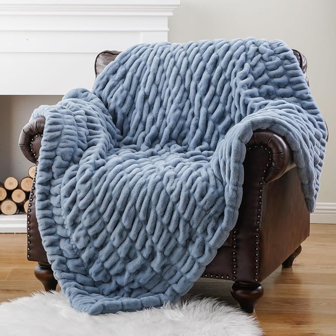 BATTILO Super Soft Faux Fur Throw Blanket for Couch, 50"x60", Doube Side | Dusty Blue Throw Blanket, Cozy Plush Thick Warm Mink Faux Fur Blanket For Bed, Sofa Living Room