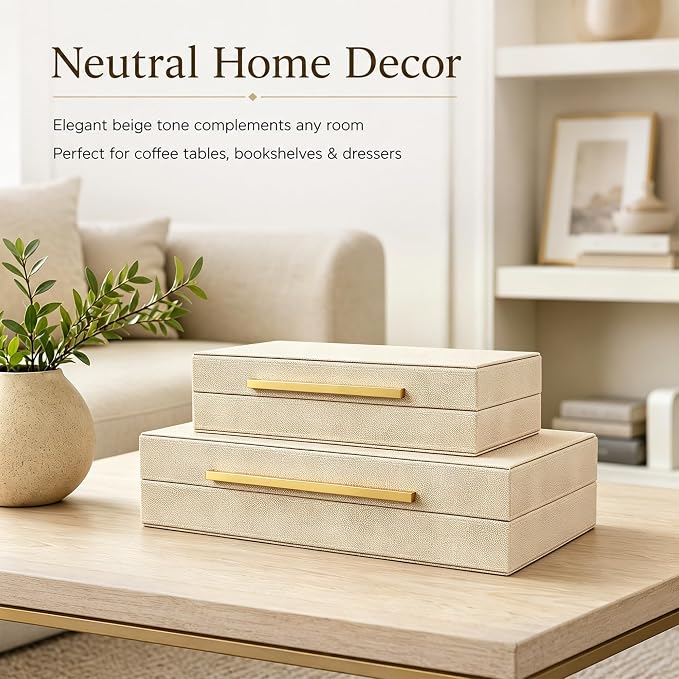 Set of 2 Beige Faux Leather Decorative Storage Boxes with Metal Handles | Stackable Nesting Jewelry Box Organizer Photo Organizer for Home Decor
