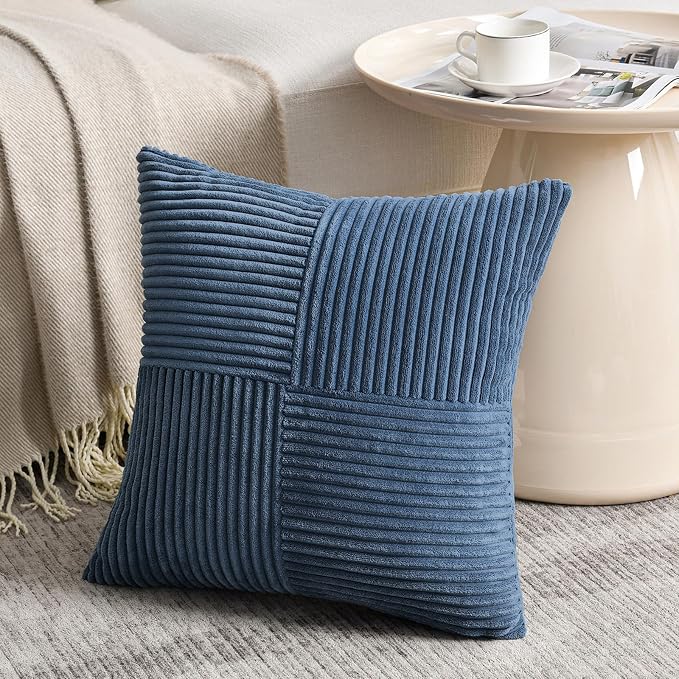 Fancy Homi Dusty Blue Decorative Throw Pillow Covers 20x20 Inch for Living Room Couch Bed Sofa, Rustic Farmhouse Boho Home Decor, Soft Corss Corduroy Patchwork Accent Cushion Case 50x50 cm