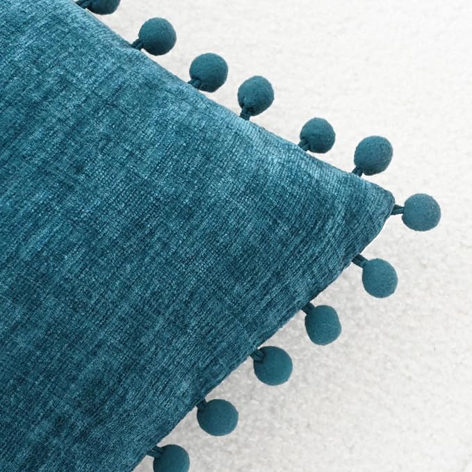 CaliTime Decorative Couch Throw Pillow Covers 18 X 18 Inches Ocean Blue | Pack of 2, Cozy Chenille Cushion Cases, with Pom Poms for Sofa Bed Living Room Farmhouse Home