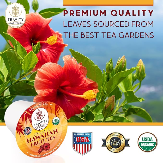 Teavity Organic Hibiscus Tea Pods with Peach, Mango, & Passionfruit - Naturally Decaf Hawaiian Fruit Tea (36 Pods)
