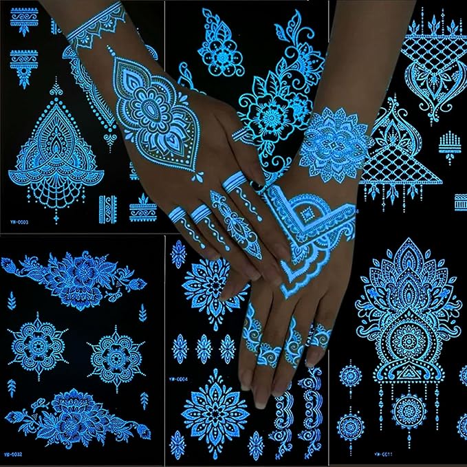 Blue Luminous Henna Tattoo Stickers Glow-in Dark Henna Temporary Decal for Women Flower Sexy Lace Fake Sticker for Halloween Wedding Night Glitter Party Supply