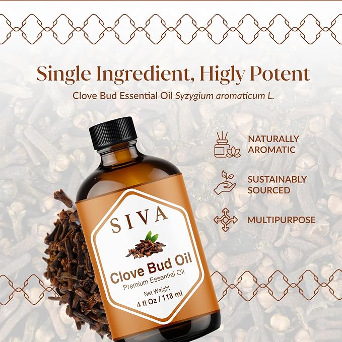 Siva Clove Bud Essential Oil 4 Fl Oz – for Diffuser, Skin & Hair Care – Ideal for Massage & DIY Blends- with Dropper