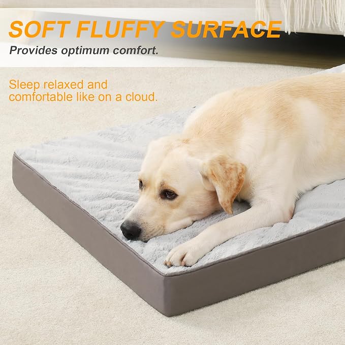 KSIIA Orthopedic Dog Bed for Extra Large Dogs with Waterproof, Grey, 47x29 | Deluxe Soft Plush Dog Crate Bed, Washable Pet Mat with Removable Cover & Egg Crate Foam for Extra Large Dogs Sleeping
