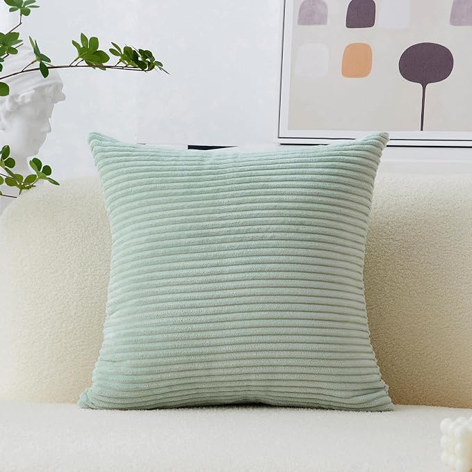Home Brilliant 26x26 Throw Pillow Cover Green Summer Euro Shams Super Soft Striped Velvet Large Cushion Cover for Living Room Bedroom Decor, 26" x 26" (66cm), Mint