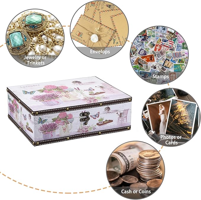 ELLDOO Wooden Treasure Chest Box, Wooden + PU Leather Storage Decorative Box for Jewelry Trinkets Photos, Vintage Rectangular Keepsakes Box for Girls Women Gifts